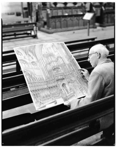 Jim Gott, artist, sketching in the Cathedral choir