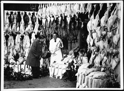 Winsor's Butchers Shop with turkeys at Christmas