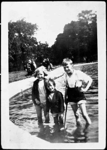 Audrey Palmer, Leslie Palmer and cousin Horace at the paddling pool on Harrogate Road